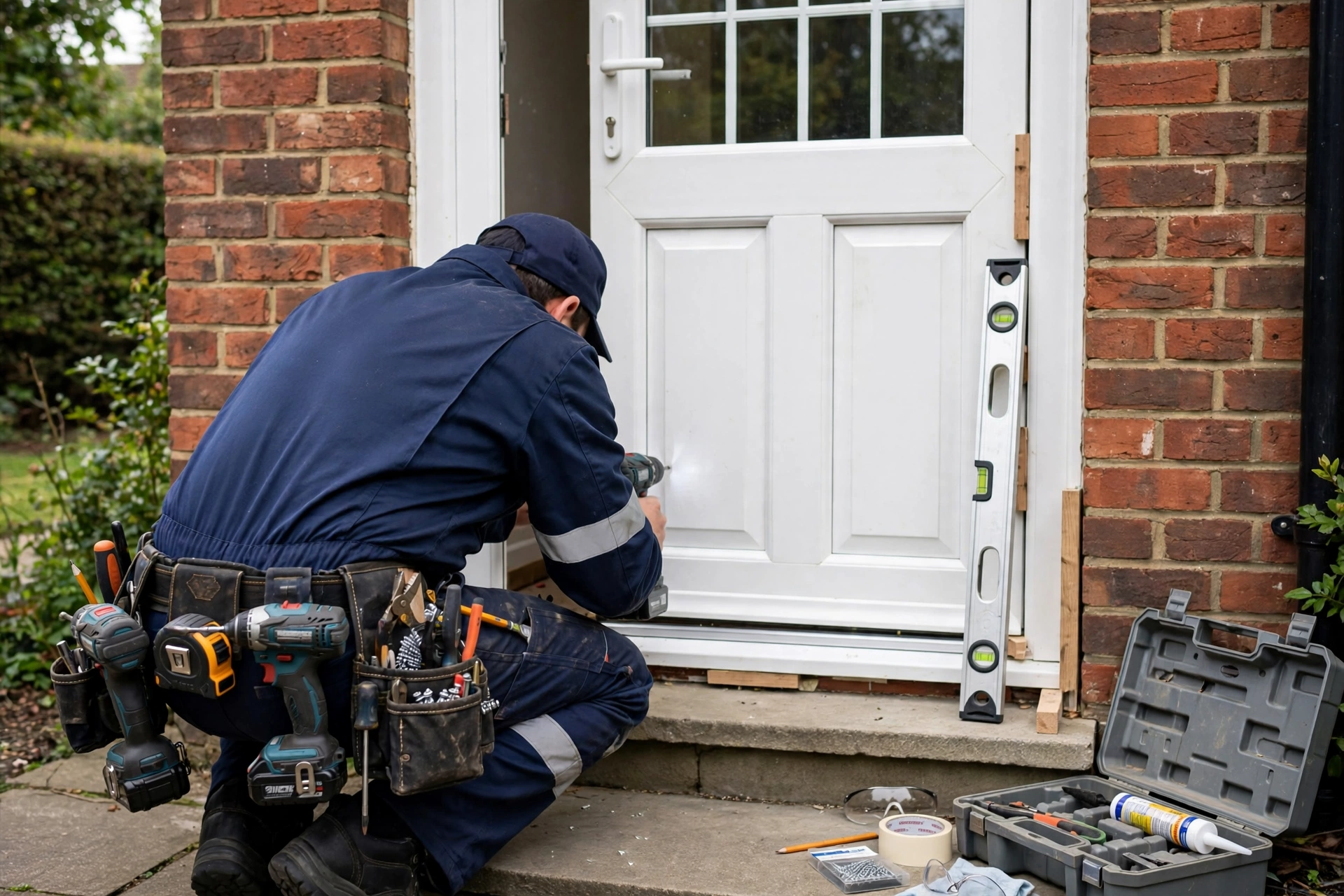 Professional fitter installing a uPVC front door in Leeds