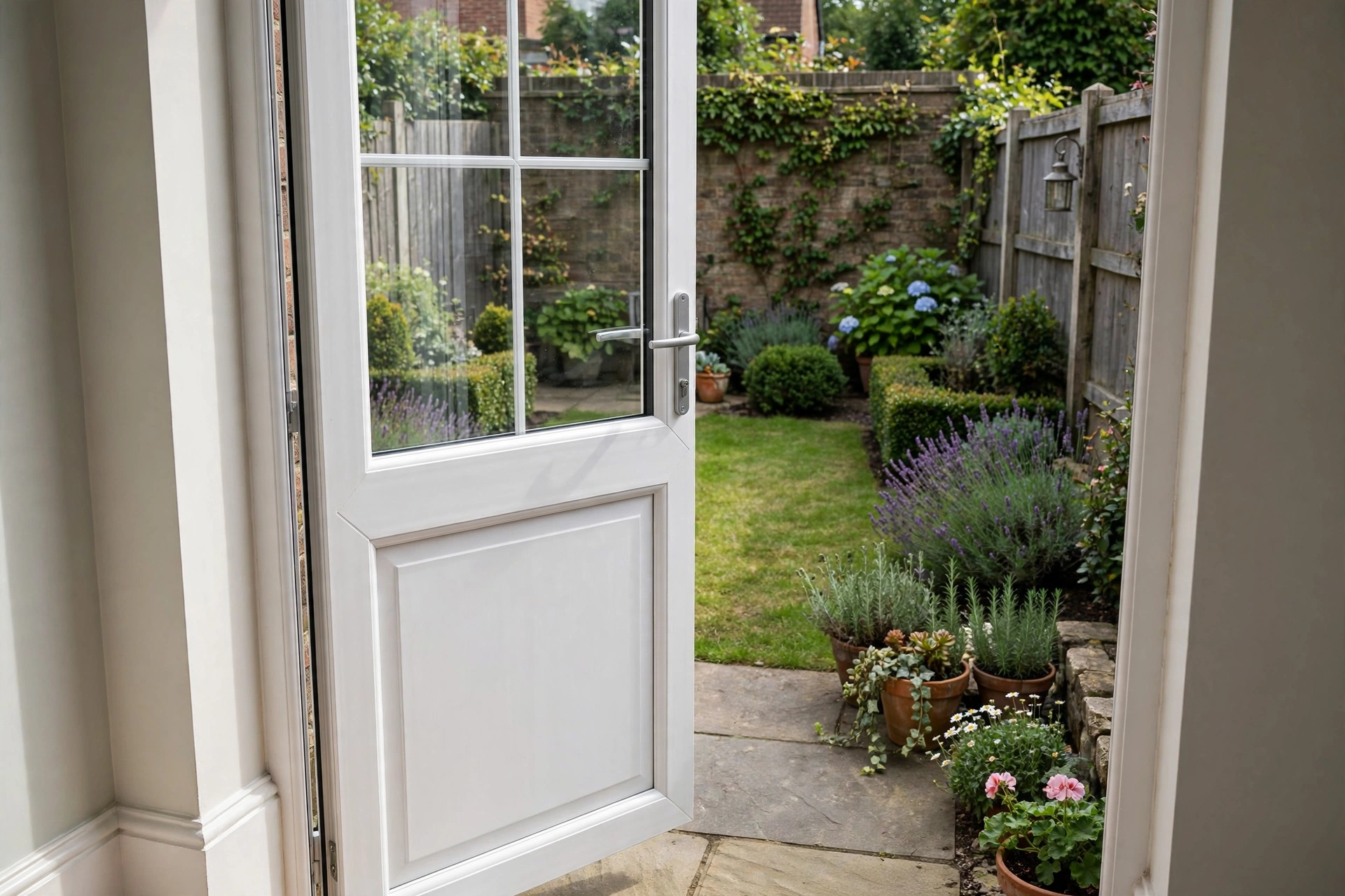 White uPVC back door opening onto a garden