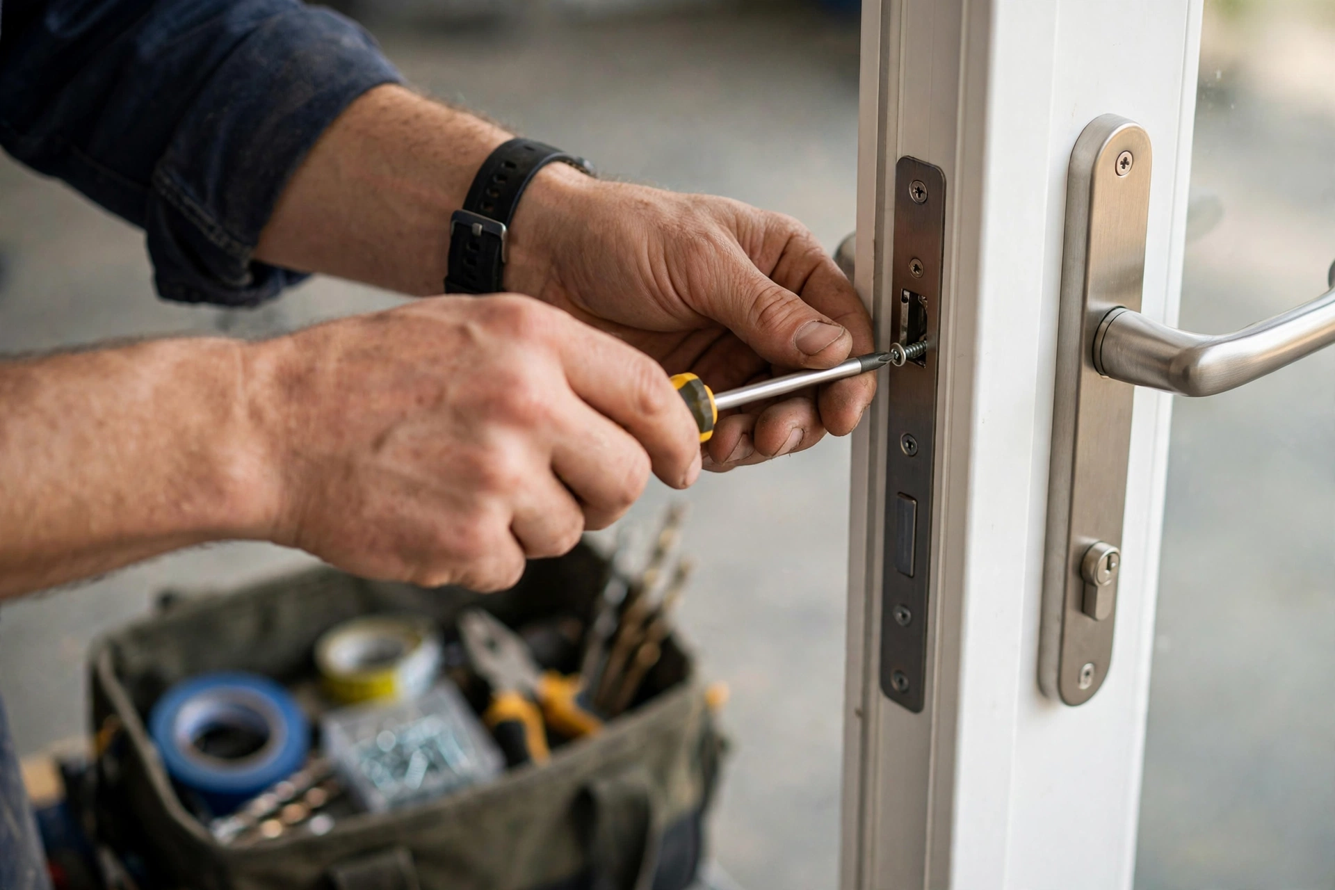 Engineer repairing a uPVC door lock and handle