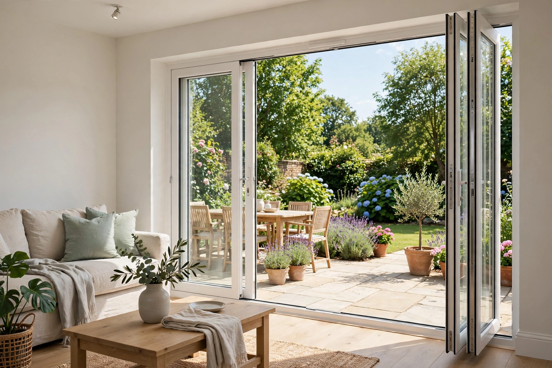 White uPVC patio doors opening onto a garden patio