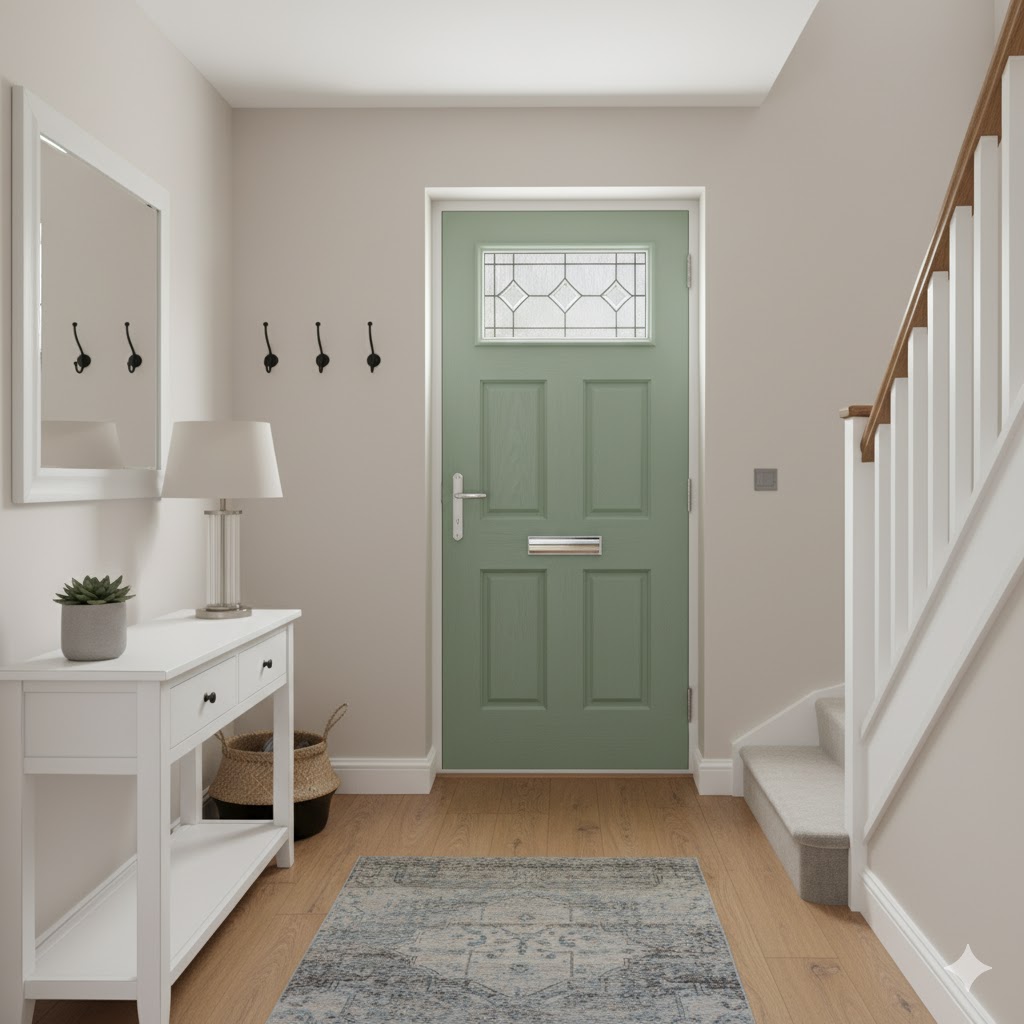Composite front door in a hallway