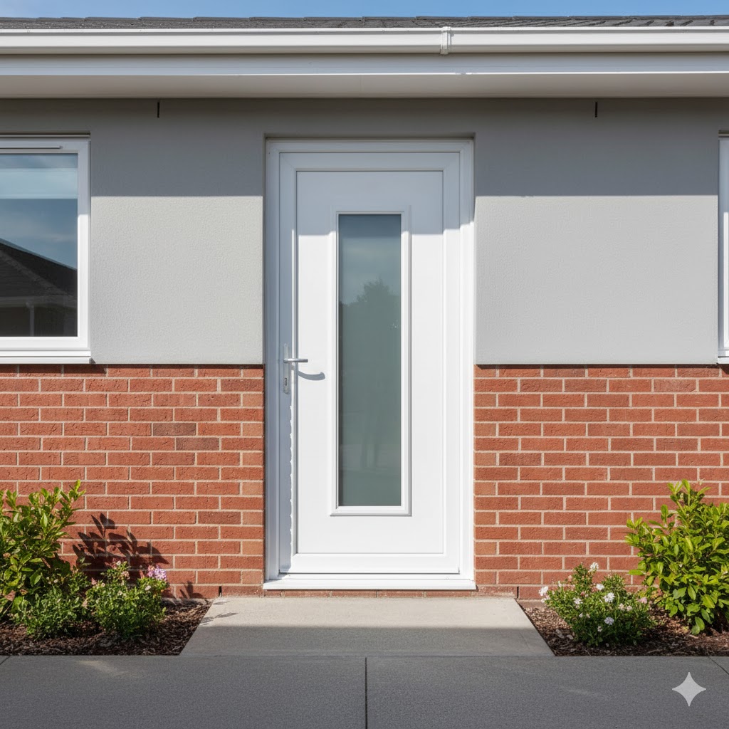 Modern white uPVC front door with glazed panels