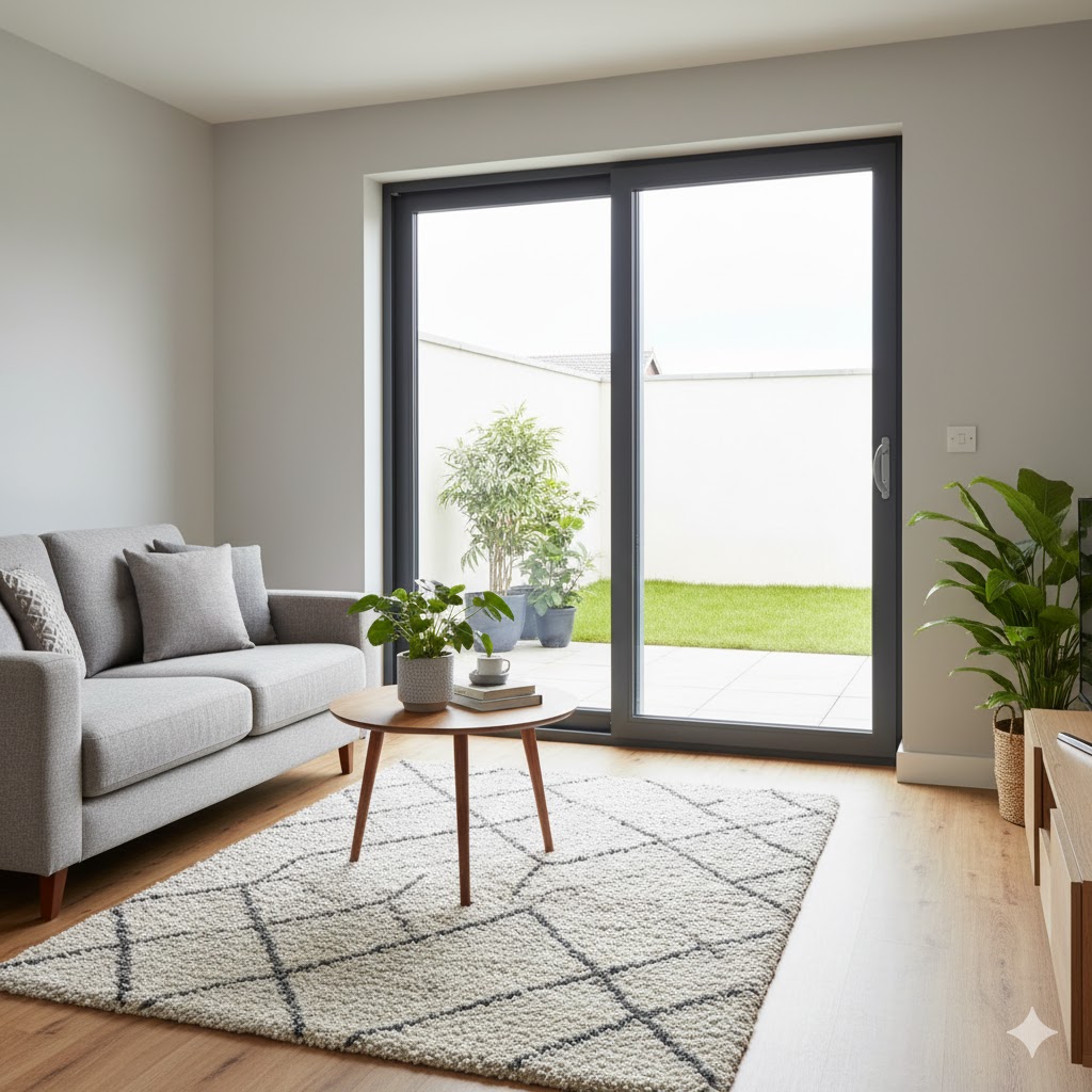Patio sliding doors opening to a garden