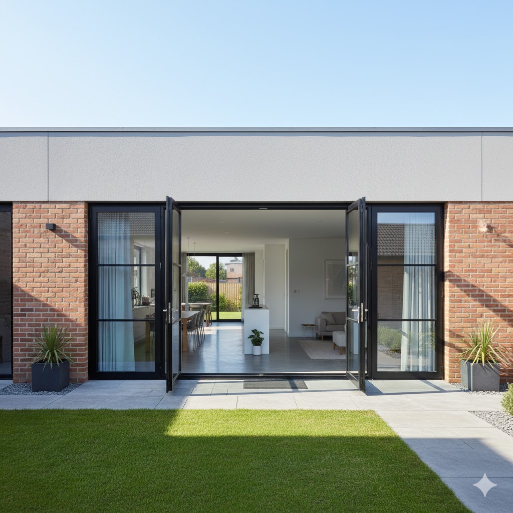 Modern aluminium bi-fold doors opening to living area