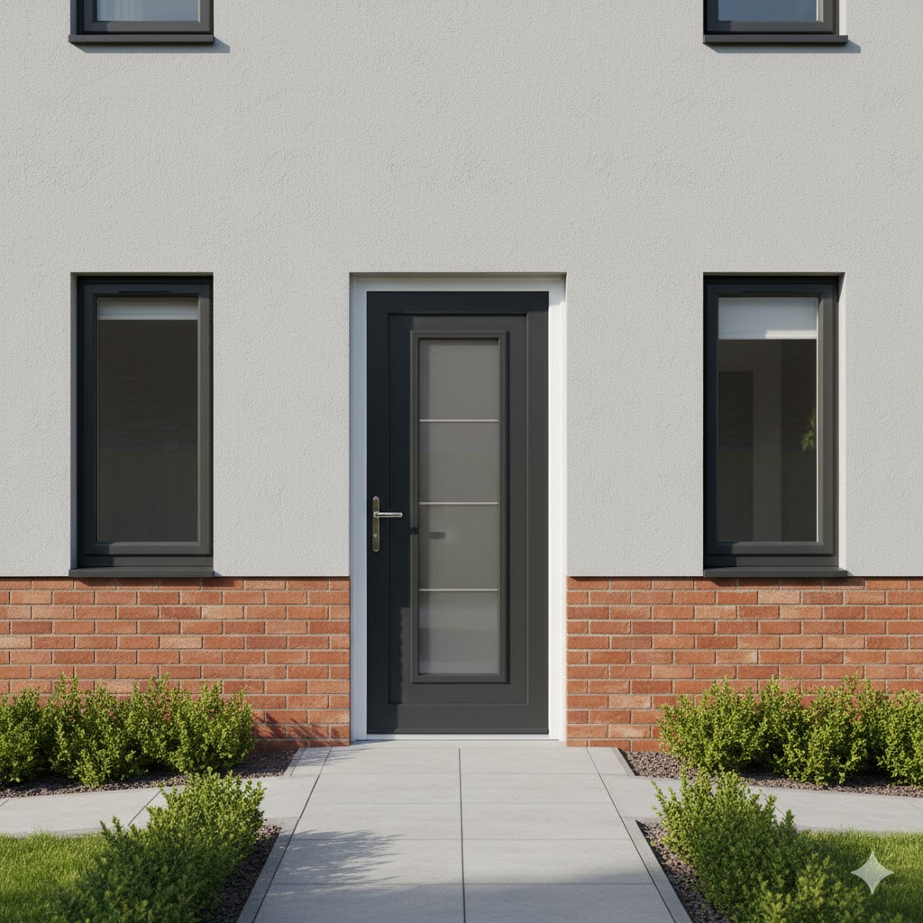 Dark grey composite front door with modern handle and sidelights