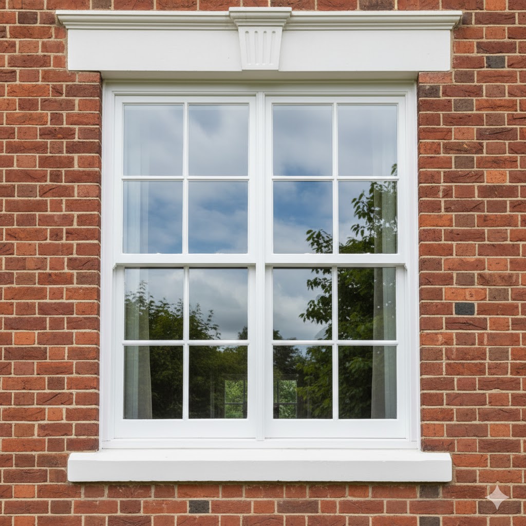 Traditional sash window with white frame and curtain